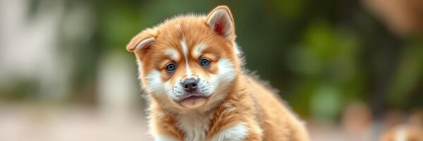 Cute brown and white puppy playing outdoors in a lush green environment during a sunny day photo