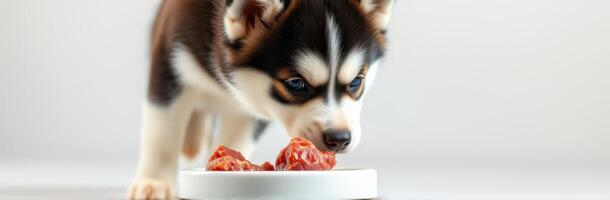 Puppy eating from a bowl in a bright, modern setting with a focus on healthy pet food photo