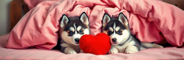 Two adorable husky puppies snuggled together with a red heart pillow under cozy blankets photo