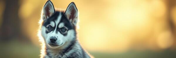 Cute husky puppy sitting in a sunlit park during late afternoon with blurred background of trees photo