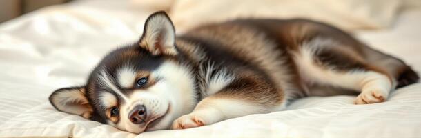 Cute husky puppy relaxing on a soft bed in a cozy indoor environment during daylight hours photo