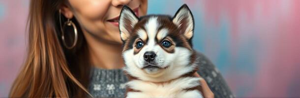 Woman smiling while holding a small dog against a softly colored background in a cozy setting photo