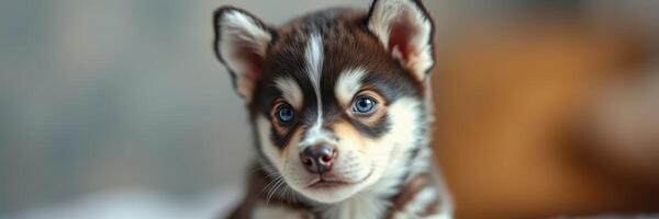 Playful puppy with striking coat and curious eyes sits indoors during late afternoon photo