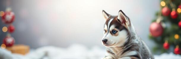 Cute husky puppy sitting comfortably near a decorated Christmas tree with ornaments in a cozy indoor setting photo