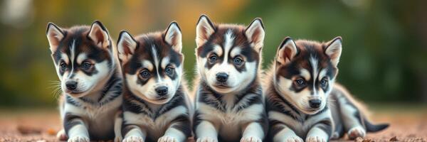 Four adorable husky puppies sitting together outdoors in a playful display of curiosity during a sunny afternoon photo