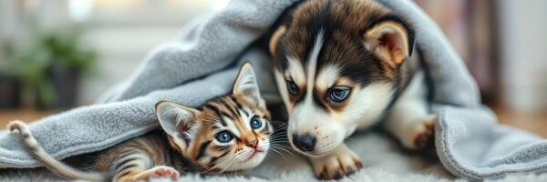 Adorable puppy and kitten snuggling together under a cozy blanket at home during the day photo