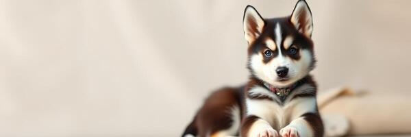 Cute husky puppy lying on a soft surface with a curious expression in a cozy indoor setting photo