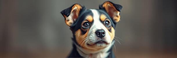 Cute puppy with expressive eyes sitting quietly indoors in soft natural light photo