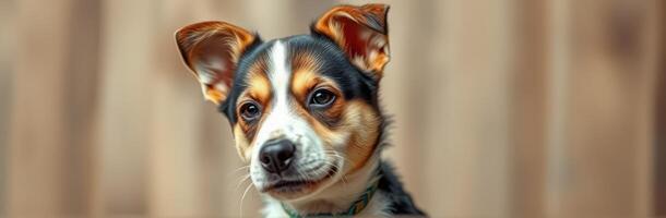 Cute dog with a curious expression looking towards the camera in a cozy indoor setting with soft lighting photo