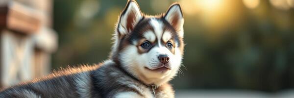 Cute husky puppy relaxing outdoors in soft sunlight during a peaceful afternoon photo
