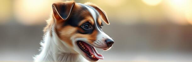 Playful puppy enjoying a sunny afternoon in a park during golden hour with an inquisitive expression photo