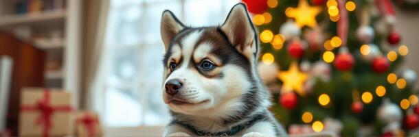 Cute husky puppy posing in front of a beautifully decorated Christmas tree with soft lights and colorful ornaments photo