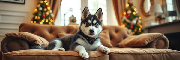 Cute husky dog relaxing on a cozy couch in a festive living room with decorated Christmas trees photo