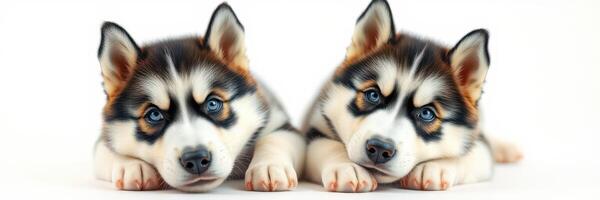 Two adorable husky puppies lying side by side with bright blue eyes and distinct black and white fur patterns photo