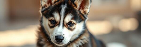 Cute puppy with striking fur patterns enjoys a sunny day indoors while exploring surroundings photo