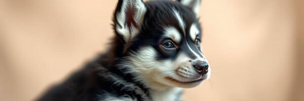 Cute husky puppy looking curiously at the camera in soft lighting photo