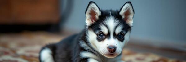 Cute black and white Siberian husky puppy relaxing indoors on a patterned rug during the afternoon photo