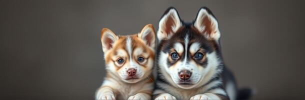 Two adorable husky puppies sitting close together on a neutral background photo