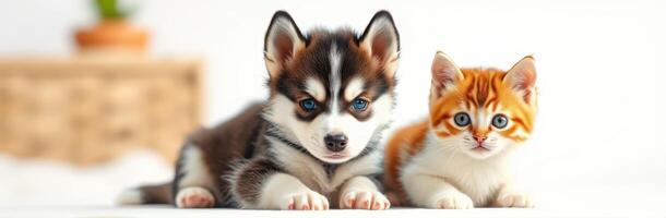 Cute puppy and kitten laying together indoors, showcasing their playful bond and contrasting fur colors photo
