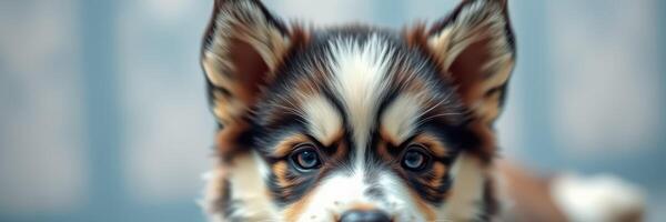 Cute puppy with striking markings gazes curiously at the viewer in a cozy indoor setting photo
