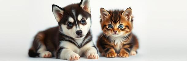 Adorable husky puppy and playful kitten relaxing together on a soft surface photo