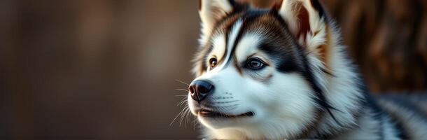 Beautiful husky dog with striking features looking thoughtfully in a natural setting during golden hour photo