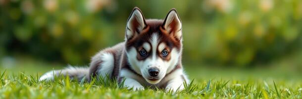 Husky puppy lying on green grass in a sunny park during a warm afternoon creating a playful atmosphere photo