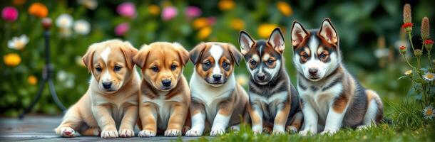 Five adorable puppies sit together in a vibrant garden surrounded by colorful flowers on a sunny day photo