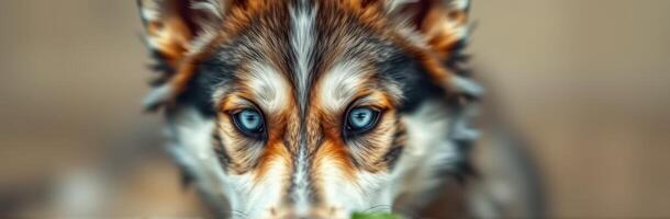 Dog with striking blue eyes curiously gazes at a green object during a peaceful moment outdoors photo