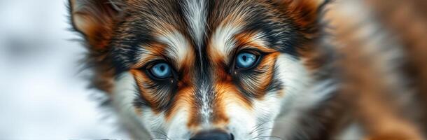 Beautiful dog with striking blue eyes gazes curiously in a snowy landscape in winter photo