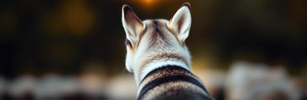 Dog gazing at sunset over a landscape, reflecting on the day's beauty and tranquility in the evening light photo