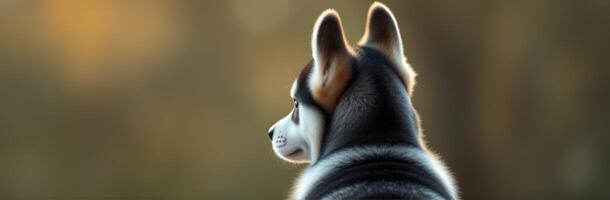 Beautiful Siberian husky gazes into the distance during golden hour in a serene environment photo