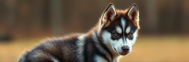 Friendly Siberian husky puppy resting in a sunny meadow during golden hour photo