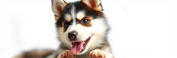 Playful puppy with a joyful expression enjoys a moment of curiosity indoors during the afternoon photo