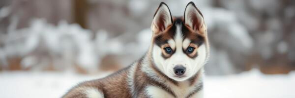 Beautiful husky dog sitting in snowy landscape, showcasing its striking fur and alert expression during winter season photo