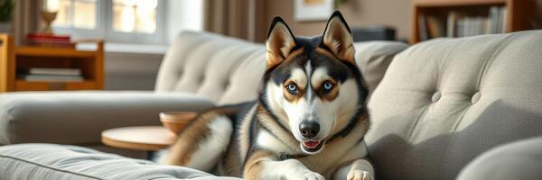 Relaxing husky rests on a modern couch in a cozy living room with soft lighting photo