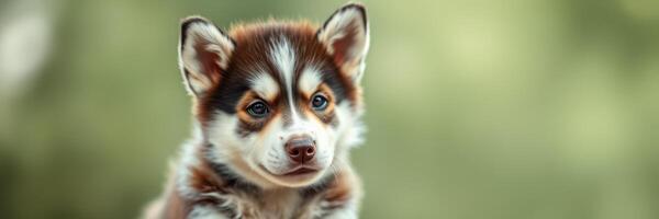 Adorable puppy with striking fur pattern poses in soft natural light outdoors photo