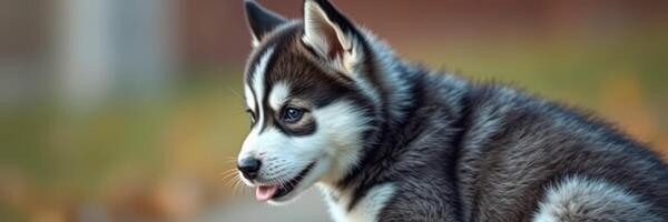 Siberian husky puppy playing outdoors in a natural setting during early autumn photo