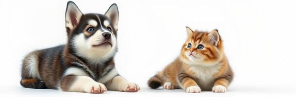 Cute puppy and kitten sitting side by side in a bright and playful indoor setting photo