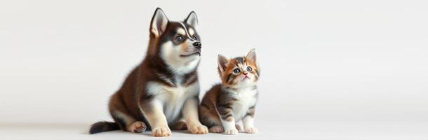 Two adorable pets sit together, showcasing a dog and a kitten in a playful and friendly manner photo