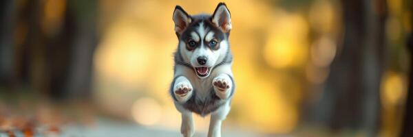 Happy puppy running through autumn leaves in a park surrounded by trees photo