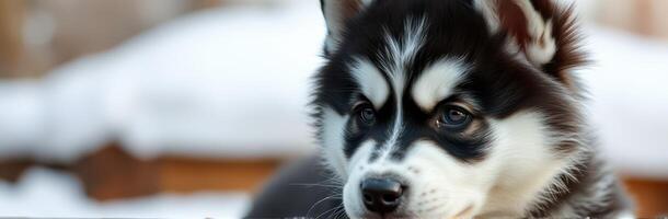 Siberian husky puppy resting in snowy outdoor environment during winter afternoon photo