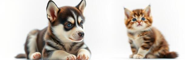 Cute puppy and kitten playing together indoors during a sunny afternoon photo