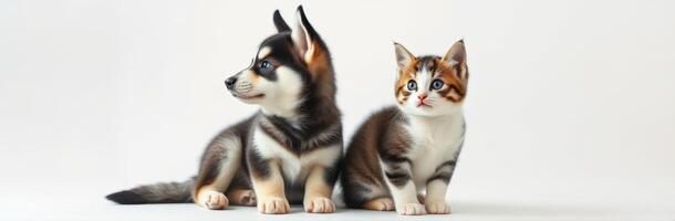 Cute puppy and kitten sitting side by side in a bright setting on a neutral background photo