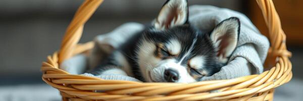 Sleeping puppy nestled in a woven basket on a cozy blanket indoors photo