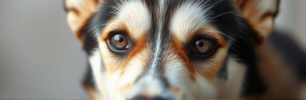 Close-up of a curious corgi looking directly at the viewer in soft lighting photo
