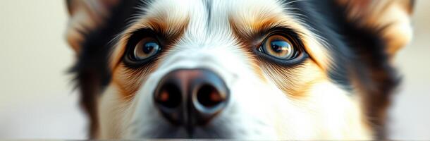 Close-up of a curious dog with striking eyes gazing intently at the camera in a cozy indoor setting photo