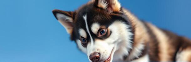 Playful husky pup exploring outdoors under a clear blue sky during a warm sunny day photo