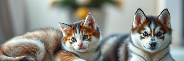 Cute kitten and puppy playing together in a cozy home setting during daytime photo
