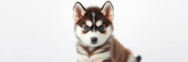 Cute Husky puppy sits calmly against a plain background showcasing its striking features and playful demeanor photo